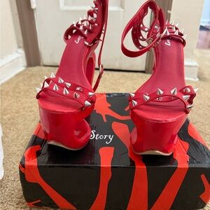 Red Studded Platform Sandals with Ankle Strap
